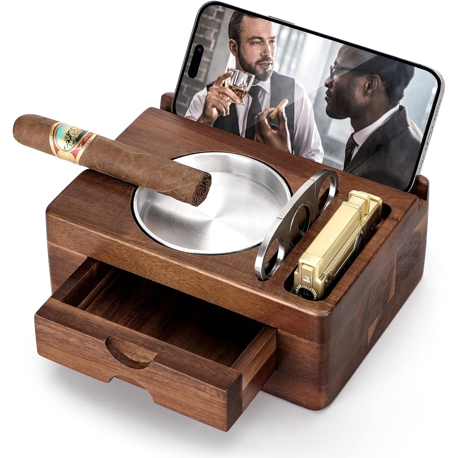 Men Accessories Drawer - Wooden Ashtrays with Phone Tablet Holder