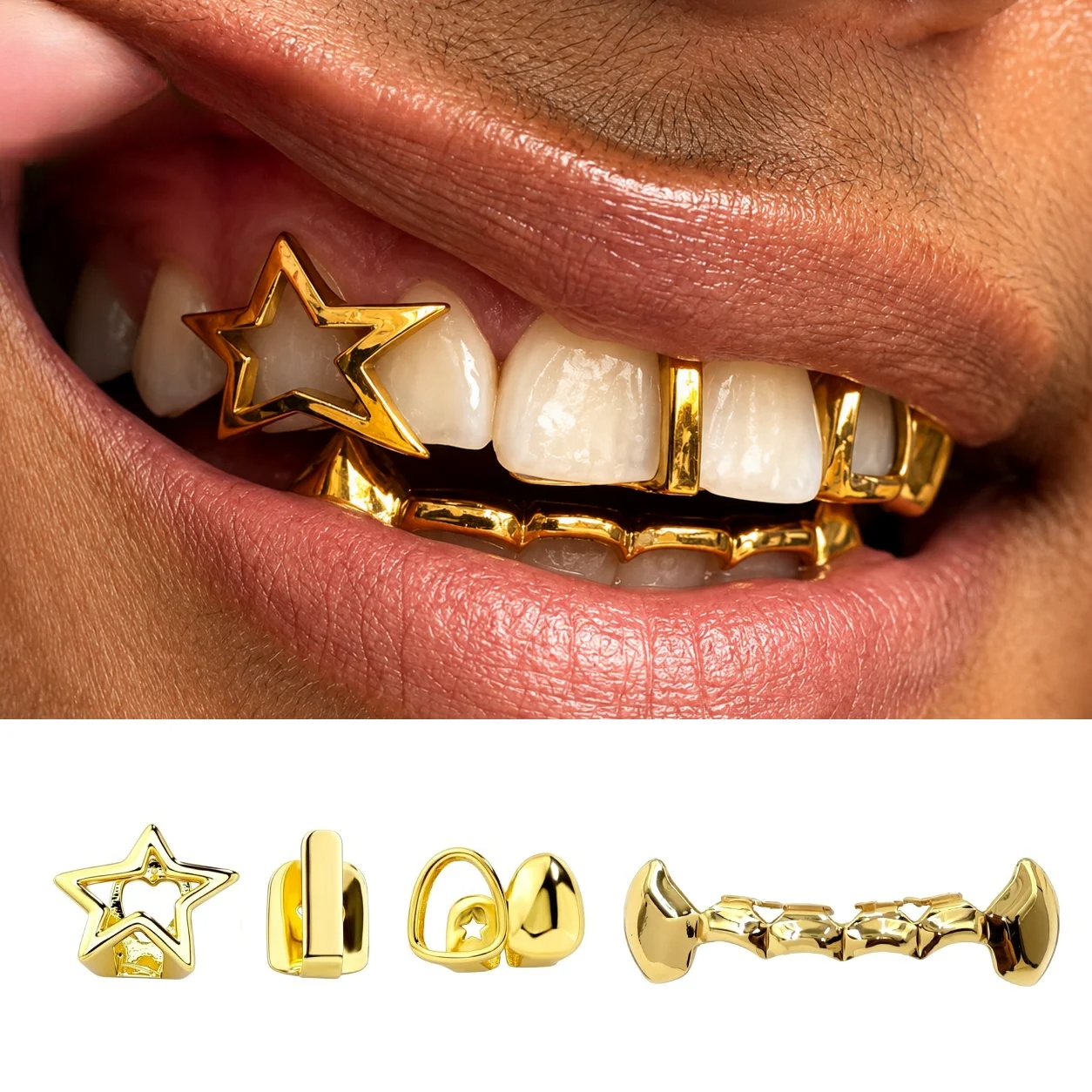 Men Accessories Kit - 4Pcs Gold Plated Grillz Set Hip